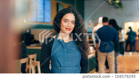 Portrait, happy woman and barista in coffee shop, store or restaurant for retail service Face, smile and waitress in cafe, worker and employee in apron, entrepreneur or small business owner in Mexica Portrait, happy woman and barista in coffee shop, store or restaurant for retail service Face, smile and waitress in cafe, worker and employee in apron, entrepreneur or small business owner in Mexica 108578295