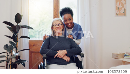 Senior care, nurse and old woman with wheelchair, portrait and smile in health at nursing home. Support, kindness and happy face of caregiver with elderly person with disability for homecare service. Senior care, nurse and old woman with wheelchair, portrait and smile in health at nursing home. Support, kindness and happy face of caregiver with elderly person with disability for homecare service. 108578309