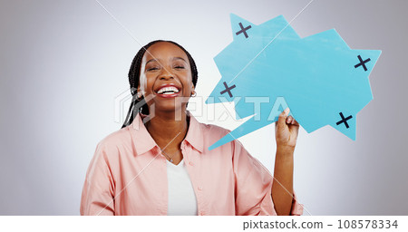 Woman, speech bubble and quote for social media, creative chat and college forum or language translation in studio. Portrait of african student with voice, poster mockup and communication news Woman, speech bubble and quote for social media, creative chat and college forum or language translation in studio. Portrait of african student with voice, poster mockup and communication news 108578334