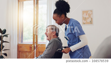 Senior care, nurse and old man with wheelchair, smile and help in healthcare at nursing home. Support, kindness and caregiver with elderly person with disability for homecare, retirement and service. 108578539