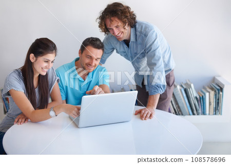 Laptop, smile and professional people reading web insight, startup report or happy for customer experience feedback. Social media, project success and team cooperation, research or monitor sales news 108578696