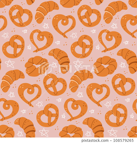 Puffy pastries flat seamless pattern with stars. Vector hand drawn food i minimalistic style. Modern childish pattern design for textile, decoration, wrapping paper Puffy pastries flat seamless pattern with stars. Vector hand drawn food i minimalistic style. Modern childish pattern design for textile, decoration, wrapping paper 108579265