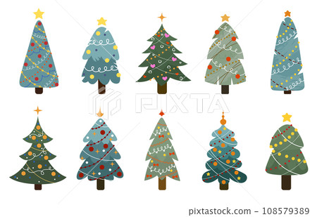 Collection of Christmas trees. New Years and xmas traditional symbol tree with garlands, light bulb, star. 108579389