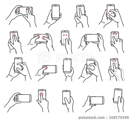 Simple illustration of a hand operating a smartphone. Actions to operate a phone icons. Vector illustration EPS10 108579390