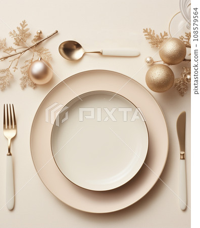 AI-generated content. Beige Christmas table setting with festive decor and fir branches AI-generated content. Beige Christmas table setting with festive decor and fir branches 108579564
