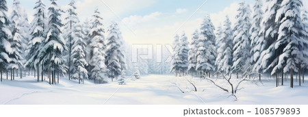 dense evergreen forest blanketed in fresh snow, with varying shades of green, gray, and white. 108579893
