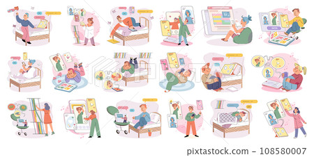 Children with smartphone. Vector illustration. Childrens addiction to their phones has become growing concern for parents and educators The use digital devices, including smartphones Children with smartphone. Vector illustration. Childrens addiction to their phones has become growing concern for parents and educators The use digital devices, including smartphones 108580007