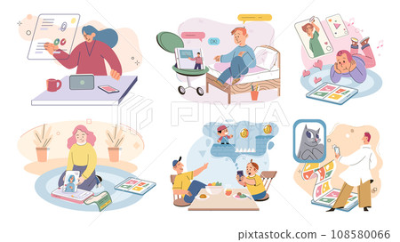Kids with phone. Vector illustration. The internet has transformed way kids learn and communicate Mobile technology, including smartphones, has revolutionized way kids interact with digital world 108580066