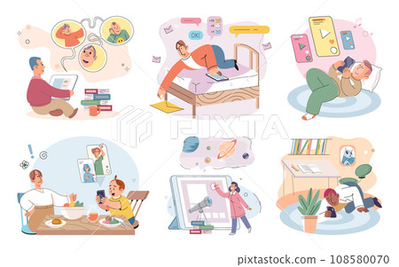 Child with tablet. Vector illustration. The use technology, such as tablets, has become prevalent among children Online studying has become common method for students to access educational resources Child with tablet. Vector illustration. The use technology, such as tablets, has become prevalent among children Online studying has become common method for students to access educational resources 108580070