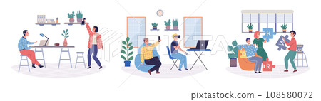Office playing vector illustration. Employees who engage in recreational activities during breaks often report higher levels satisfaction Taking time for relaxation and leisure activities in office 108580072