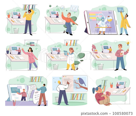 Children with smartphone. Vector illustration. Elementary school children are mastering use smartphones and integrating them into their daily lives The children with smartphone concept illustrates 108580073