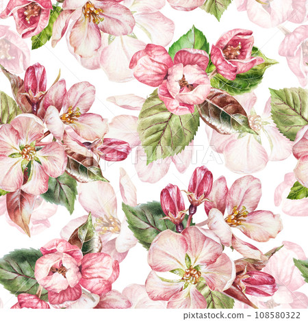 Pink Flower seamless Pattern. Watercolor illustration of apple and cherry blossom. Hand drawn sakura blooming tree. Drawing of floral background for paper and fabric design. Spring oriental ornament Pink Flower seamless Pattern. Watercolor illustration of apple and cherry blossom. Hand drawn sakura blooming tree. Drawing of floral background for paper and fabric design. Spring oriental ornament 108580322