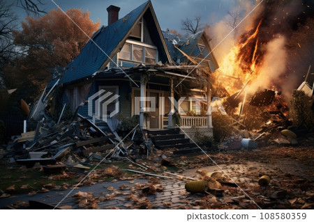 Burning house. Destroyed house. Fire in a private house. Piles of rubble around. Destruction. Blazing house stands in ruin, consumed by an intense fire. with debris strewn about. Burning house. Destroyed house. Fire in a private house. Piles of rubble around. Destruction. Blazing house stands in ruin, consumed by an intense fire. with debris strewn about. 108580359