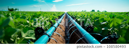 section of the pipeline where water is distributed through a drip irrigation system, conserving water and nourishing plants. Generative AI 108580493