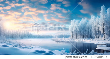 snow-covered winter landscape with an aerial view of a frozen lake and surrounding snowy scenery. Generative AI 108580494