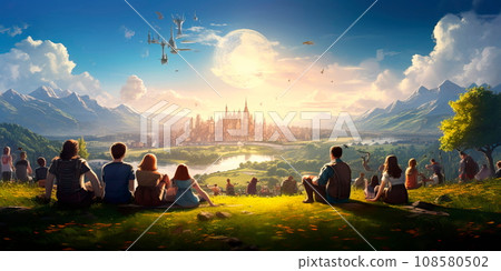 group of friends taking a break from the festivities, sitting on a grassy area and enjoying a picturesque view of the Oktoberfest grounds and surrounding landscape. Generative AI 108580502