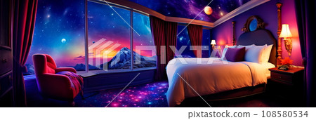 luxurious hotel room with a comfortable bed, a large window and an elegant design. Generative AI luxurious hotel room with a comfortable bed, a large window and an elegant design. Generative AI 108580534