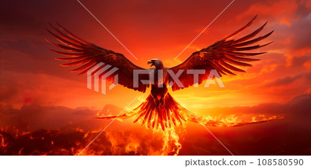 firebird flying against the background of the fire of the sunset. Generative AI firebird flying against the background of the fire of the sunset. Generative AI 108580590