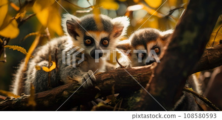 beautiful lemurs playing in the branches of Madagascar forests. Generative AI 108580593