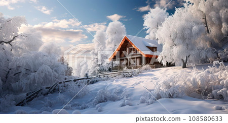 scene of a snow-covered landscape, with frosty trees and a cozy cabin nestled in the woods. Generative AI scene of a snow-covered landscape, with frosty trees and a cozy cabin nestled in the woods. Generative AI 108580633