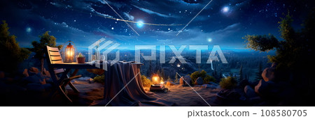 A romantic evening under a starry sky with cozy blankets. A romantic evening under a starry sky with cozy blankets. 108580705