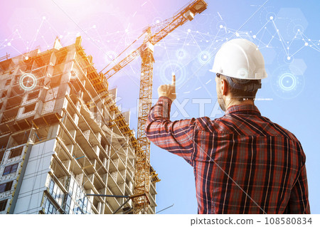 Construction technology banner background. Construction site with cranes, fittings and concrete. 108580834