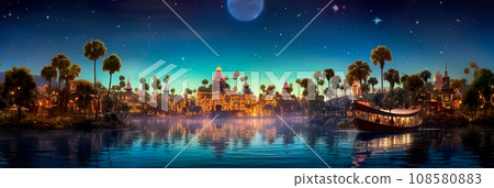 Christmas Eve on Island a tropical island transformed into a Christmas paradise, with palm trees adorned with twinkling lights 108580883
