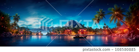 Christmas Eve on Island a tropical island transformed into a Christmas paradise, with palm trees adorned with twinkling lights 108580885
