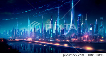A futuristic metropolis with neon lights, holographic , and advanced technology. A futuristic metropolis with neon lights, holographic , and advanced technology. 108580896