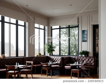 Realistic cafe interior medium shot hyperdetailed. 108580923