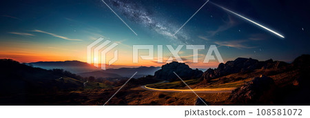 Earth with a comet streaking past, leaving a luminous trail in the night sky. 108581072