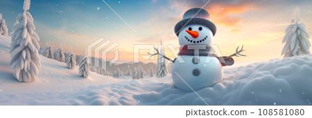 snowy landscape with a cheerful snowman wearing a top hat and a carrot nose. 108581080