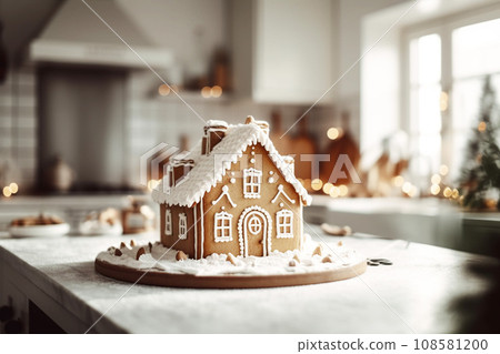 Christmas gingerbread houses with sugar icing on wooden table in kitchen interior Christmas gingerbread houses with sugar icing on wooden table in kitchen interior 108581200