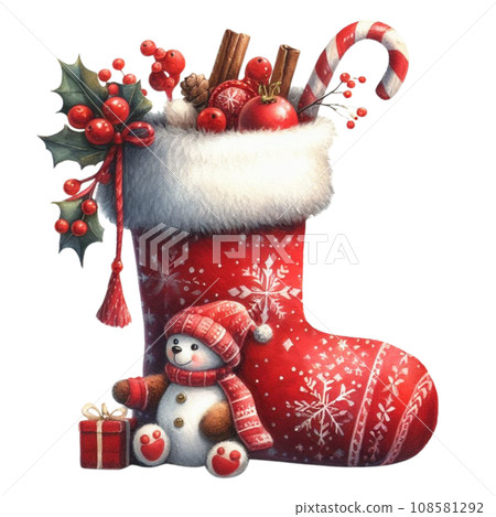 generative ai, Christmas greeting card with a cute teddy bear in a christmas sock. 108581292