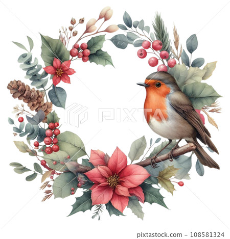 generative ai, Watercolor Christmas wreath with robin bird and floral elements. 108581324