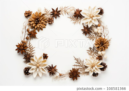 Christmas composition. Christmas wreath on white background 108581366