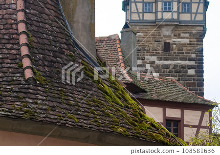 The fragment or detail of historical building at Rothenburg ob der Tauber where is the fortified city at Germany. 108581636