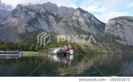 View of St. Bartholoma church in Konigsee National Park in autumn, Germany View of St. Bartholoma church in Konigsee National Park in autumn, Germany 108581673
