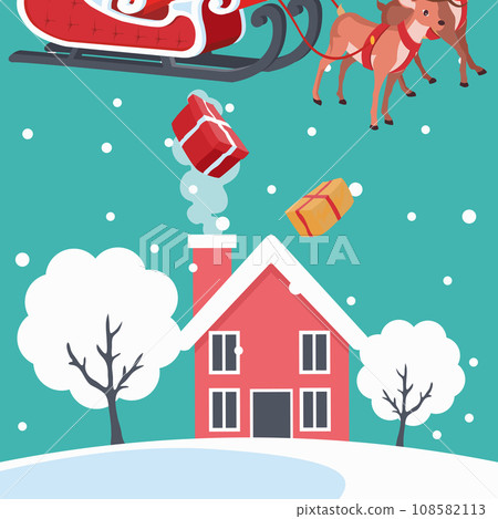 Landscape design with house and santa claus giving gifts 108582113