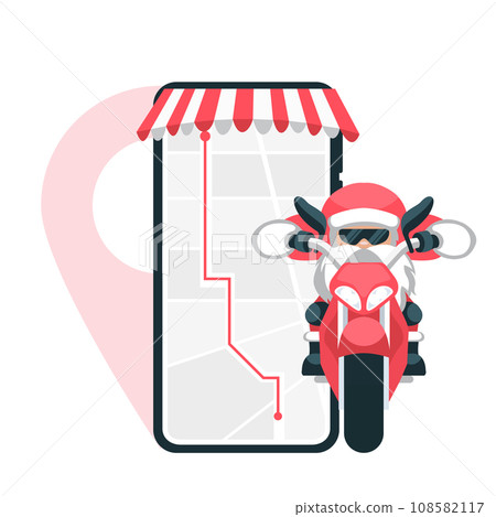 Design of santa claus making delivery on a motorcycle with location from the cell phone Design of santa claus making delivery on a motorcycle with location from the cell phone 108582117