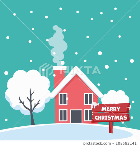 Merry christmas card design of house in snow landscape 108582141