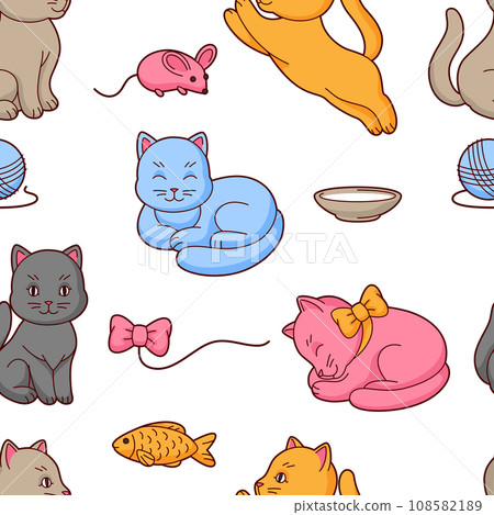 Pattern with cute kawaii cats. Fun animal background. Pattern with cute kawaii cats. Fun animal background. 108582189