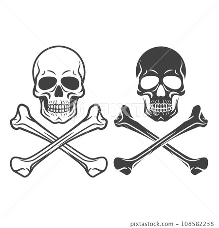 Vector Black and White Skull and Crossbones Icon Set Isolated. Skulls Collection with Outline, Cut Out Style in Front View. Hand Drawn Skull Head Design Template 108582238