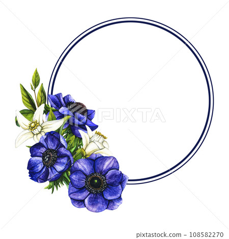 Violet anemone and lemon flowers. Illustration of flower frame, bouquet for greeting card, background or flyer. March 8. International Women's Day, birthday and mothers day cards 108582270