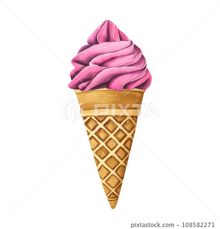 Tasty ice creams. Sweet summer dessert, gelato with different tasties, ice-cream cone and popsicle. Watercolor illustration street frozen fast food for postcards, design, print 108582271