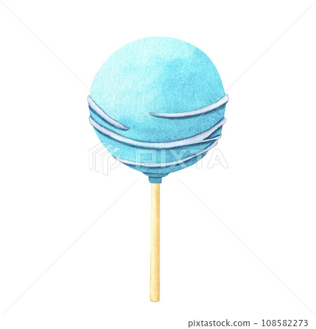 Cake on a stick, cake pops in blue glaze with confectionery striped. Watercolor illustration popsicle ice cream from set of sweets for decoration and design, Birthday card, party, design, poster 108582273