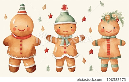 AI-generated content. Set of cartoon aquarel christmas gingerbread man for greeting card or stickers AI-generated content. Set of cartoon aquarel christmas gingerbread man for greeting card or stickers 108582373