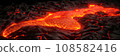 Panoramic image of the current boiling lava after the eruption of the volcano. Molten hot magma. Detailed view of the lava flow coming out of the crack of the earth. 108582416