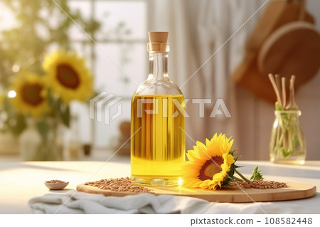 Organic sunflower oil in a small glass jar with sunflower fresh flowers on the table Organic sunflower oil in a small glass jar with sunflower fresh flowers on the table 108582448