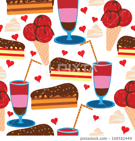 Ice cream cone and piece of cake with cocktail glasses seamless pattern white backdrop 108582449